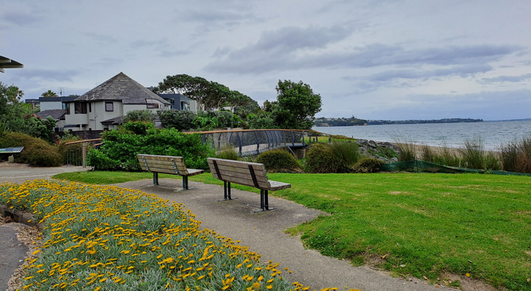 Poa Taniwha / Huntly Road Reserve – Seats looking out towards Hauraki Gulf. Photo credit: M Woodside.
