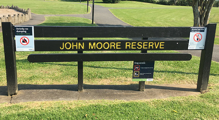John Moore Reserve - Park sign at the entrance to the park. Photo credit: S Hulse.