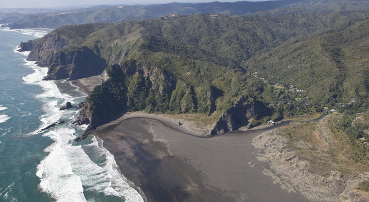 Karekare, Waitākere Ranges Regional Park - aerial view of Union Bay and Mercer Bay.