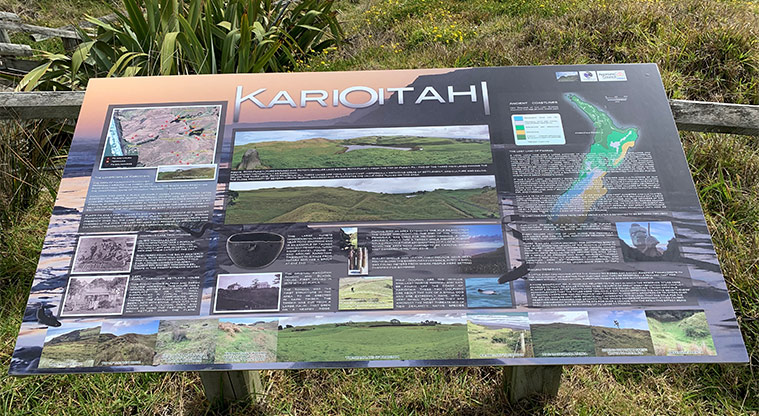 Karioitahi Reserve - Diorama board showing the history of the area.