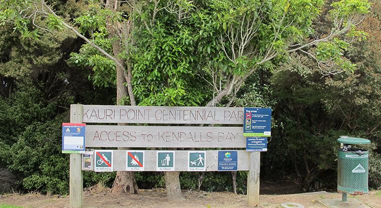 Kauri Point Centennial Park - The sign at one of the entrances to the park.