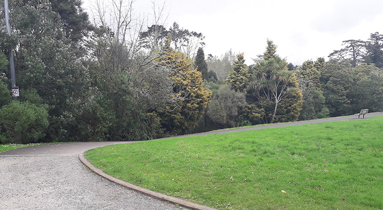 Kell Park - Section of the path with trees and a park bench in the background.