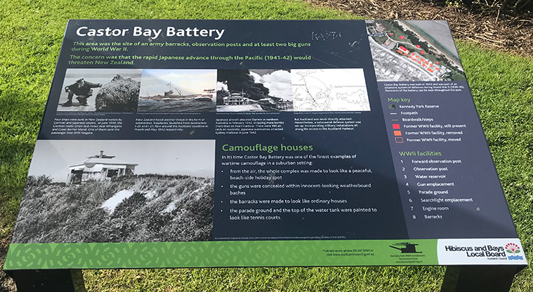 Kennedy Park - Signage with information about Castor Bay Battery.