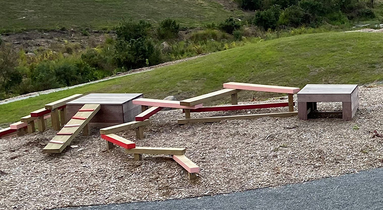 Kopupaka Reserve  – Balance beams in the nature play area.
