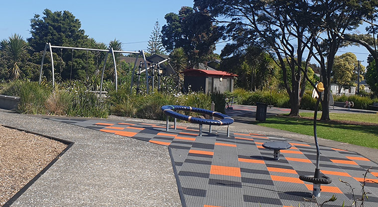 Kuaka Park - A variety of spinning toys with the swings and trees in the background. Photo credit: J Grigg.