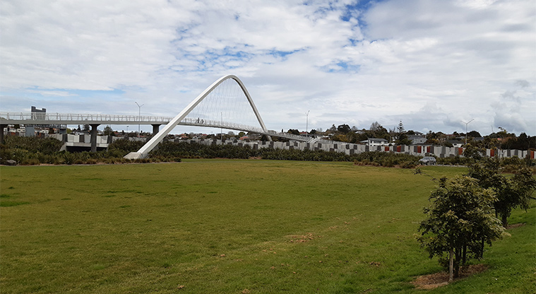 Kukuwai Park - Sports field with the Te Whitinga Bridge in the background.