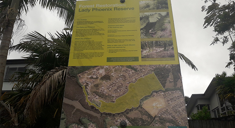 Lady Phoenix Reserve - Sign showing the restoration work in the reserve.