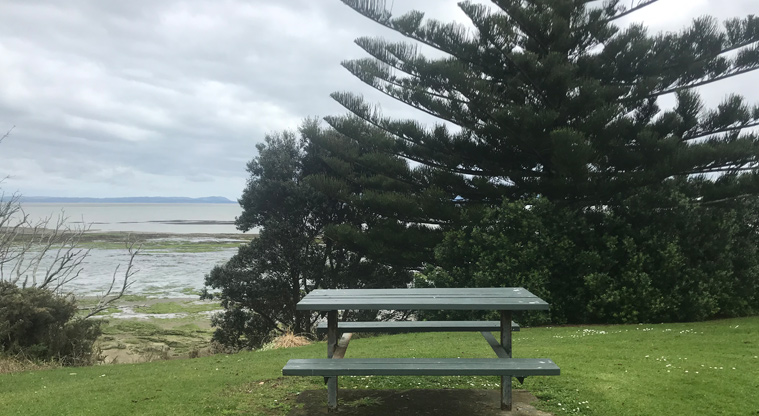 Laurie Gibbons Memorial Park - Picnic table at the edge of the park and looking over the Papakura Channel.
