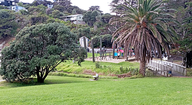 Little Oneroa Reserve - Grassed area with the bridge over the creek leading to the playground. Photo credit: K Sumner.