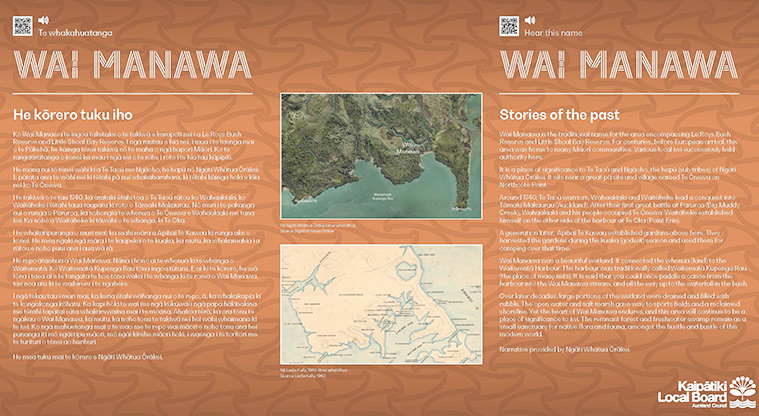 Wai Manawa / Little Shoal Bay Reserve - Interpretative plaque showing the story of Wai Manawa in te reo Māori and English.