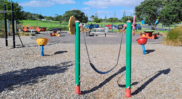 Lloyd Elsmore Park - Small sling swing with the rest of the playground in the background. Photo credit: S Hulse.