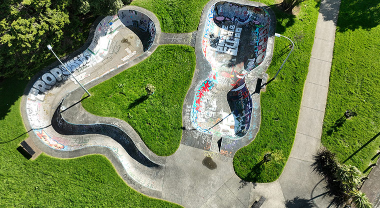 Wairaki / Lynfield Reserve - Drone shot of the whole skate park. Photo credit: J Farnworth.