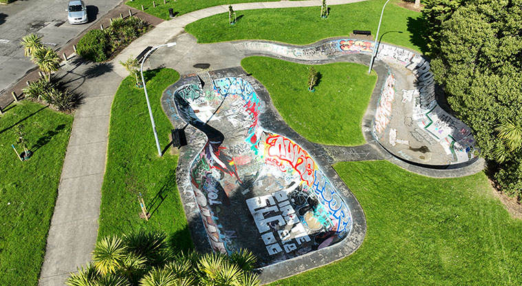 Wairaki / Lynfield Reserve - Drone shot of the whole skate park. Photo credit: J Farnworth.