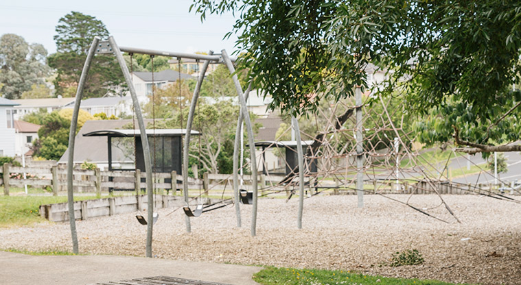 Wairaki / Lynfield Reserve - Swing set with the net climbing frame and bus stop in the background. Photo credit: J Farnworth.