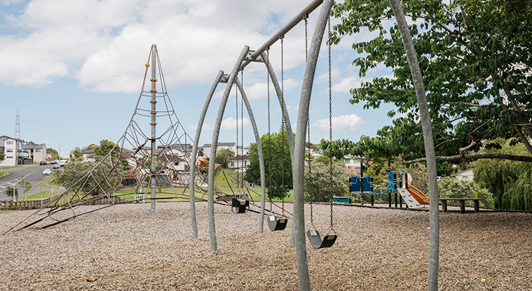Wairaki / Lynfield Reserve - Swing set and large rope climbing frame with the rest of the playground in the background. Photo credit: J Farnworth.