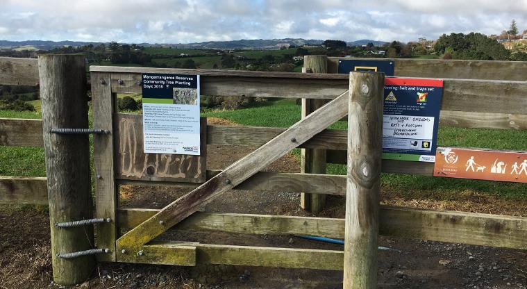 Mangemangeroa Reserve - Gate and signage at the entrance to the reserve.