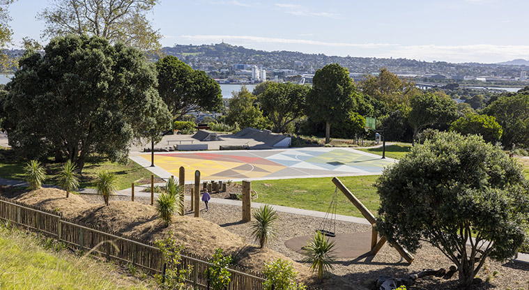 Te Pane o Mataoho / Te Ara Pueru / Māngere Mountain - Looking down on the whole play area with basketball court, skate space, and māra hupara (traditional play space).