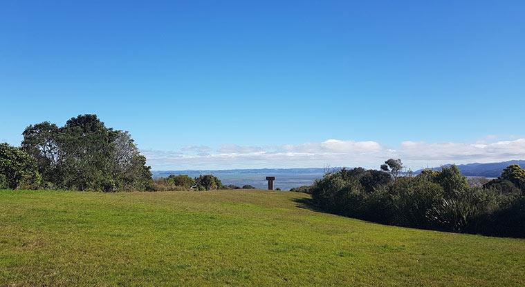 Manukau Domain - Open grassed space with the sculpture and the Manukau Heads in the background.