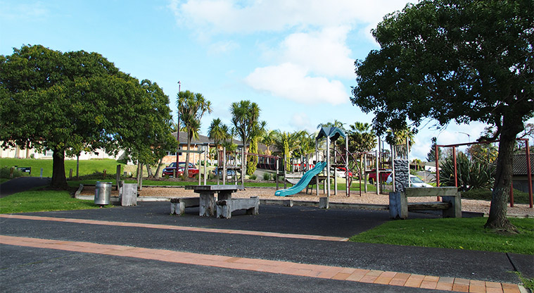 Mānutewhau / Manutewhau Reserve - Playground with picnic table and seating in the foreground. Photo credit: Tracey Hodder.