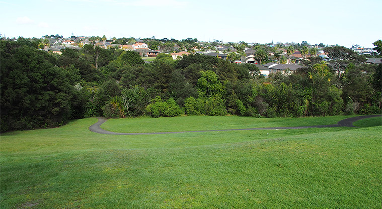 Mānutewhau / Manutewhau Walk - Open grassed area with a path and trees in the background. Photo credit: Tracey Hodder.