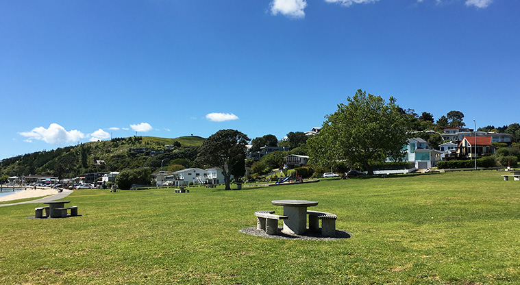 Maraetai Park - Open grassed area with picnic tables and the beach. Photo credit: S Hulse.