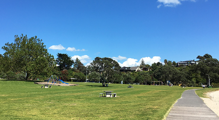 Maraetai Park - Open green space with picnic tables, trees and both playgrounds in the background. Photo credit: S Hulse.