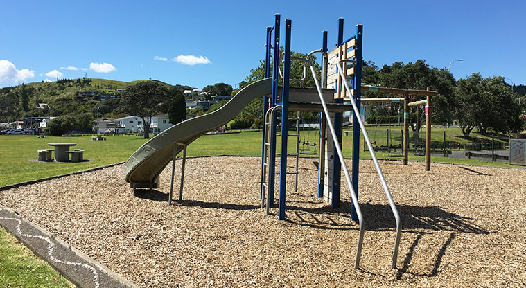 Maraetai Park - Climbing wall and bars, and a high slide with a curve at the bottom. Photo credit: S Hulse.