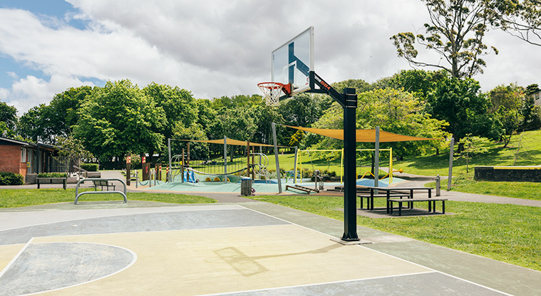Marlborough Park - Section of the basketball court with the junior play area in the background. Photo credit: J Farnworth.