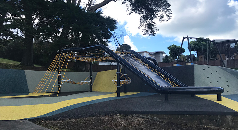 Marlborough Park - Section of the playground with climbing nets, hammocks, and slides.