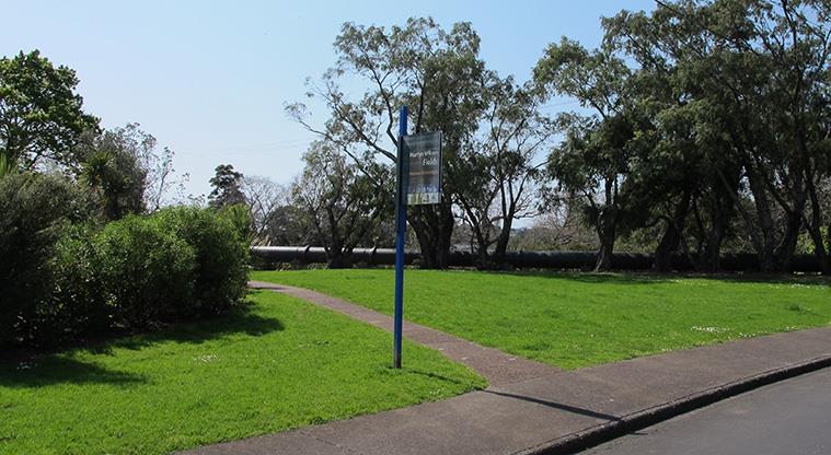 Martyn Wilson Fields and Sonia Reserve - Sign and path at the Manawa Road entrance to the park.