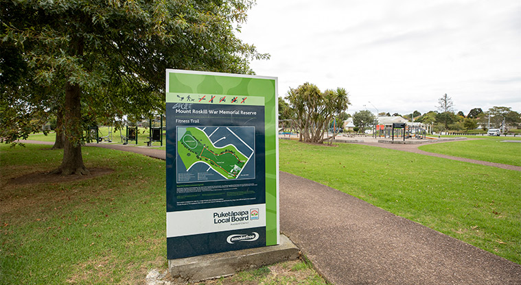May Road War Memorial Park – Entrance sign on the edge of the path.