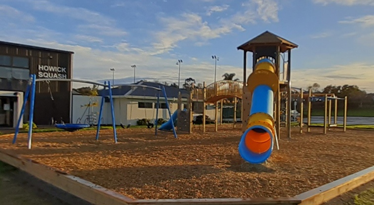 Meadowland Park - Large slide and climbing platform, set of swings, and more.