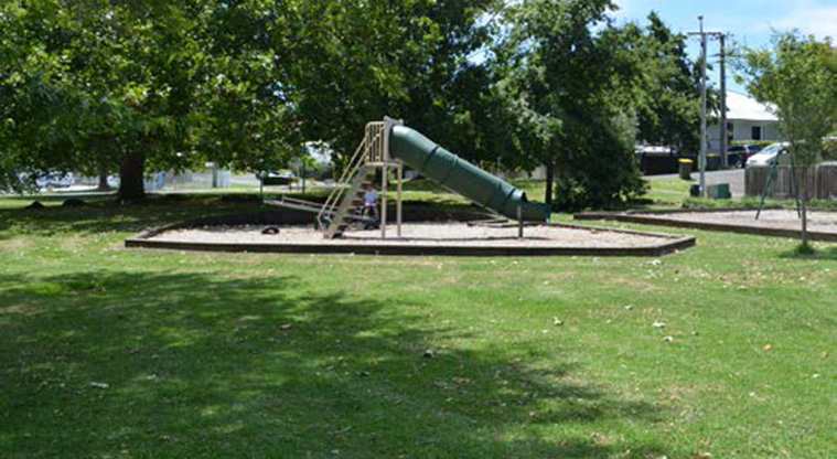 Melrose Reserve - Open grassed area with the playground with slide and trees in the background.