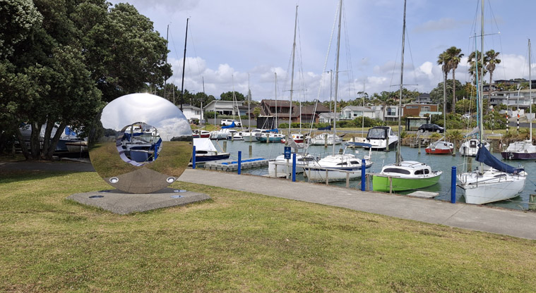 Milford Reserve – Artist Lang Ea’s ‘Beacon’: a circular steel sculpture, which sits in front of Wairau Creek marina. Photo credit: J McKellar