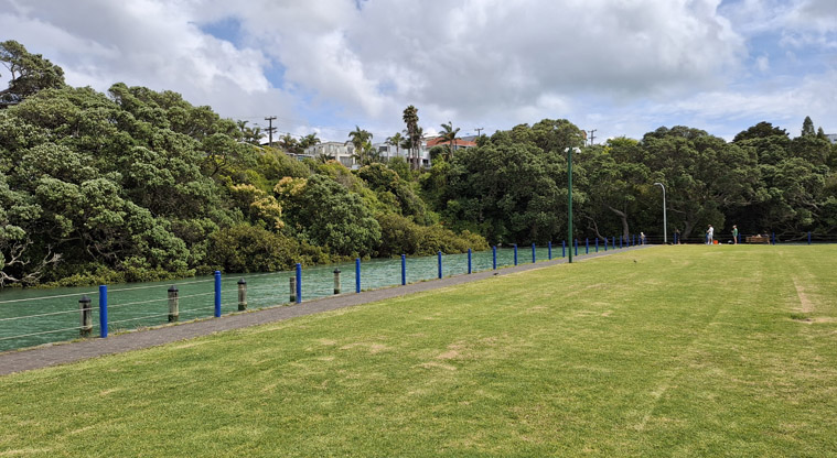 Milford Reserve – Wairau Creek and people fishing at the northern end of the reserve. Photo credit: J McKellar