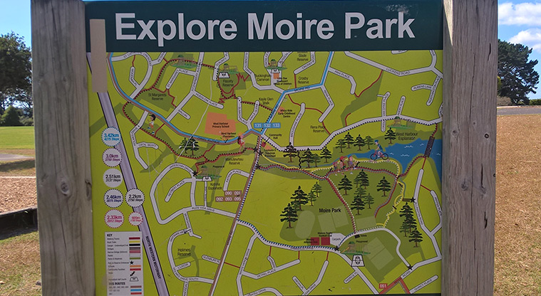 Moire Park - Explore Moire Park sign showing a map of the layout of the park. Photo credit: Tracey Hodder.