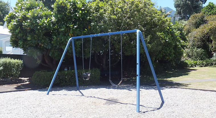 Monkey Hill - Set of two swings with grass and trees in the background. Photo credit: J Grigg.