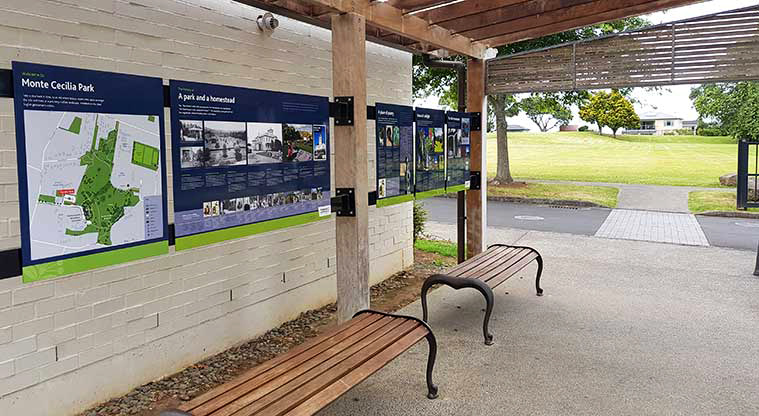 Monte Cecilia Park - Seated shade area attached to the toilet block has maps and history of the park.