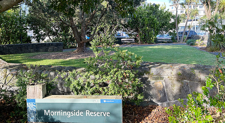 Morningside Reserve - Entrance sign with a stone wall and the reserve in the background. Photo credit: S Hulse.