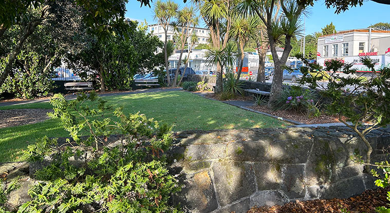 Morningside Reserve - Section of the stone wall with the reserve in the background. Photo credit: S Hulse.