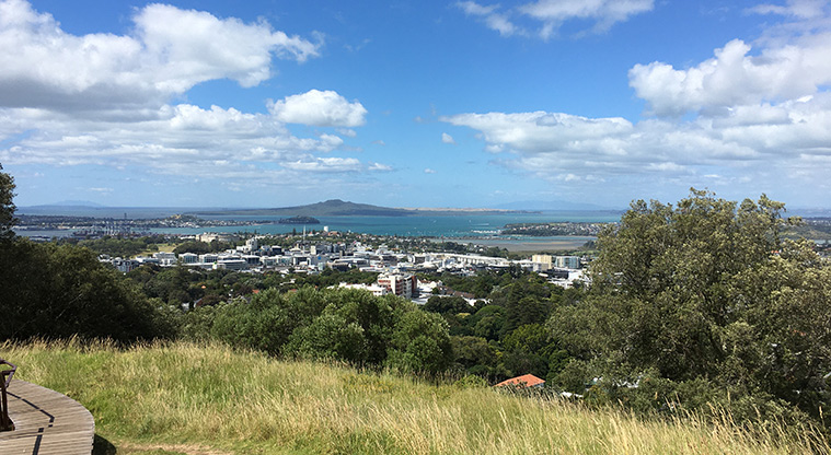 Maungawhau / Mt Eden - Looking from the tihi (summit) across the city to Rangitoto Island.