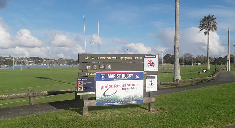 Mt Wellington War Memorial Reserve - Park sign with the sports fields in the background.