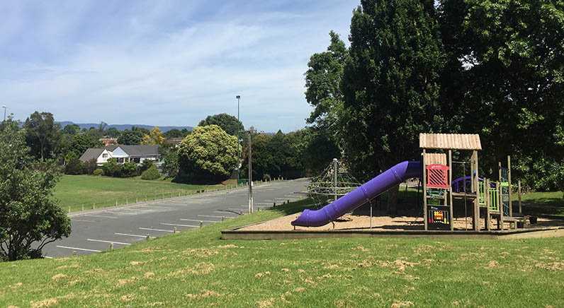 Murry Halberg Park – The playground and off-street parking near the Range View Road entrance.