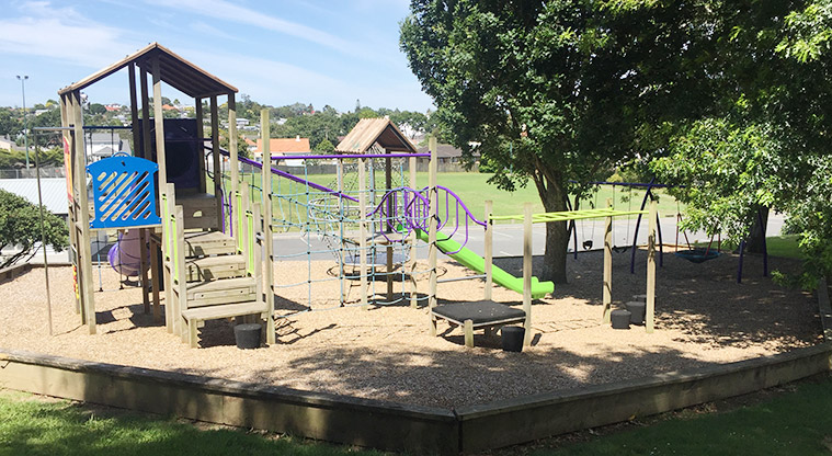 Murray Halberg Park - Playground with a large play tower with covered slide, imaginative play areas, rope climbing walls, and open slide.