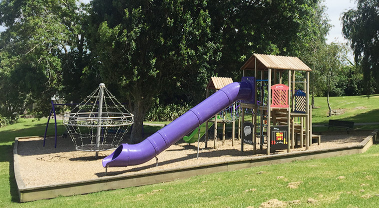 Murray Halberg Park - Playground with a large play tower with covered slide, imaginative play areas, rope climbing walls, open slide and climbing nets..