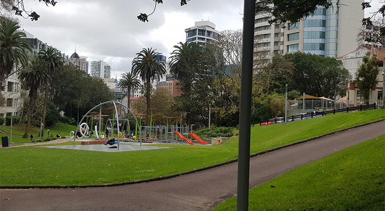 Myers Park - View of the many features within the park with central Auckland in the background.