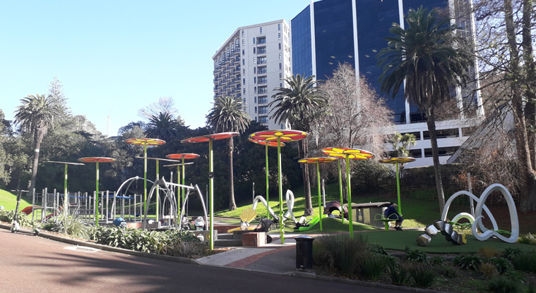 Myers Park - Playground with unique flower like umbrellas, slides and climbing equipment.
