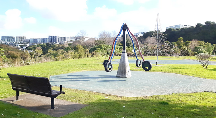 Newmarket Park - Roctopus with the climbing net in the background and a seat in the foreground.
