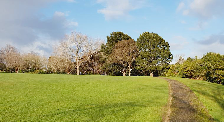 Ngāti Ōtara Park - Large area of open grassed space with a path down the right hand side and trees in the background.