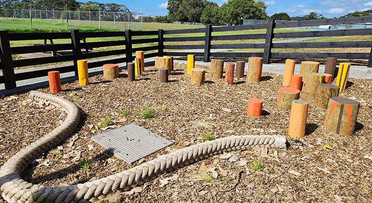 Ngāti Ōtara Park - Large rope and posts of different sizes for balancing on.